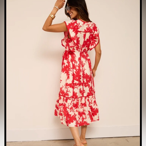 Jenna Floral Printed Midi Dress Red and White Women's Dress - Picture 3 of 6